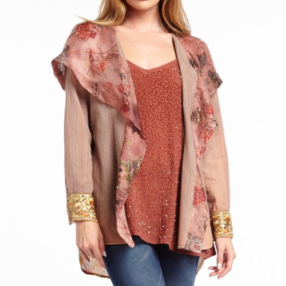 Aratta Looks Authentic Hoody Kimono NWT • Small • Boho Floral Gold Sequins - Picture 2 of 5